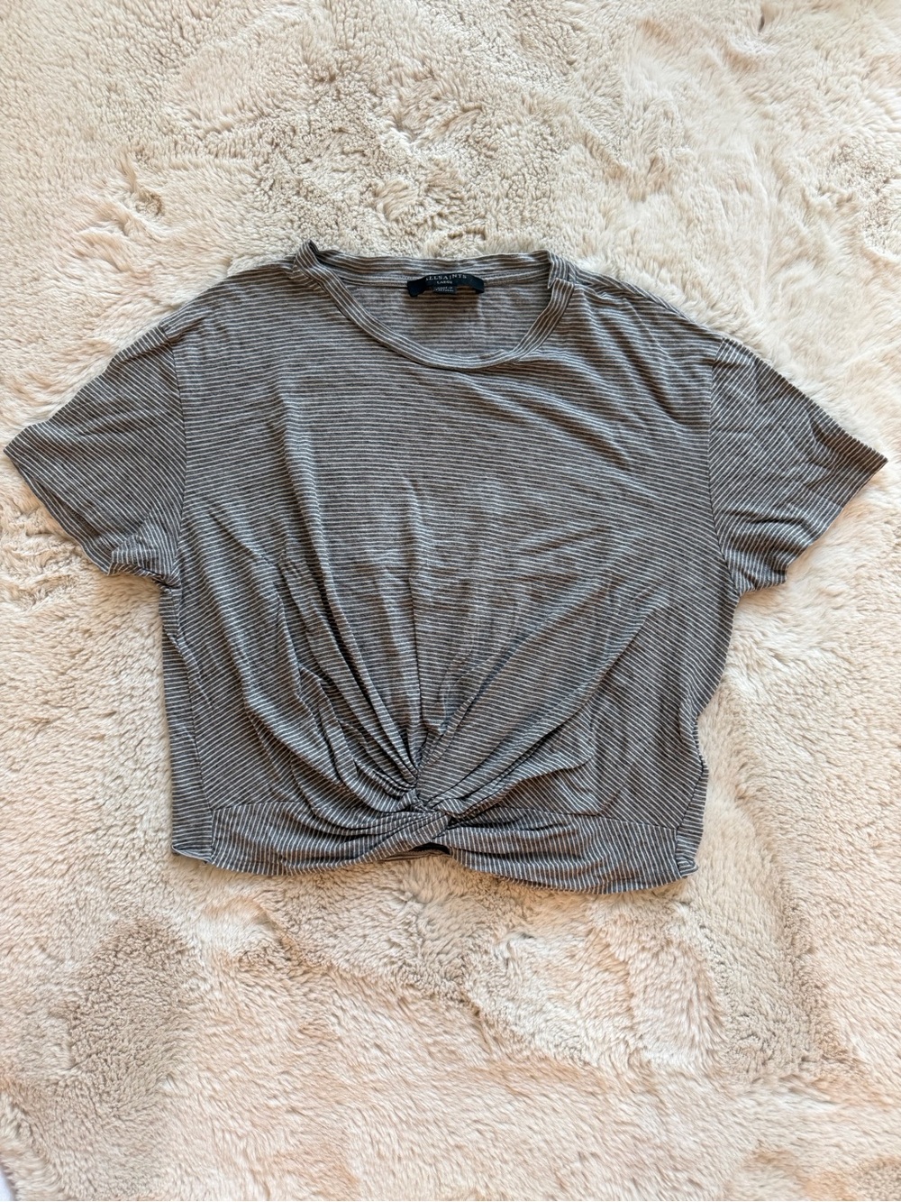 All Saints Gray Striped Knot-Front Crop Top